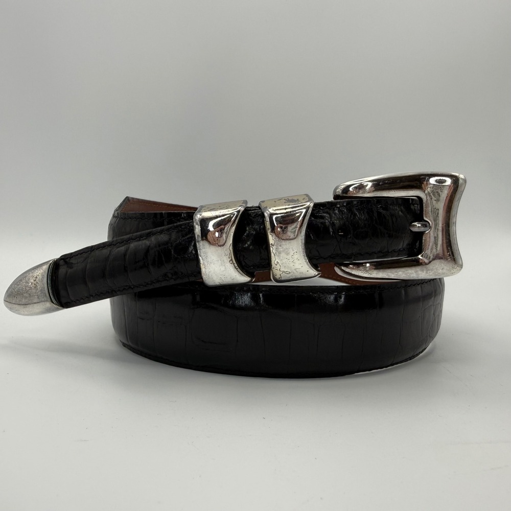 Crookhorn Crocodile Black Leather Belt Silver Hardware Spain Womens 36/90
